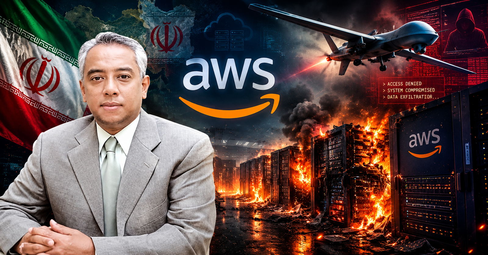 Foto pengamat geopolitik dengan latar belakang ilustrasi pusat data Amazon Web Services yang terdampak serangan drone.