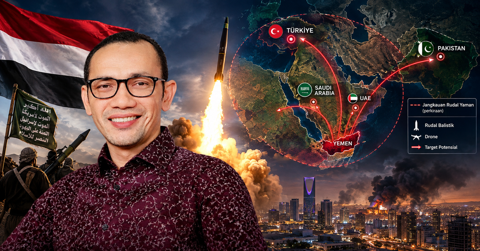 Foto pengamat geopolitik dengan latar belakang ilustrasi peluncuran rudal balistik Ansarallah Yaman ke fasilitas strategis Saudi.