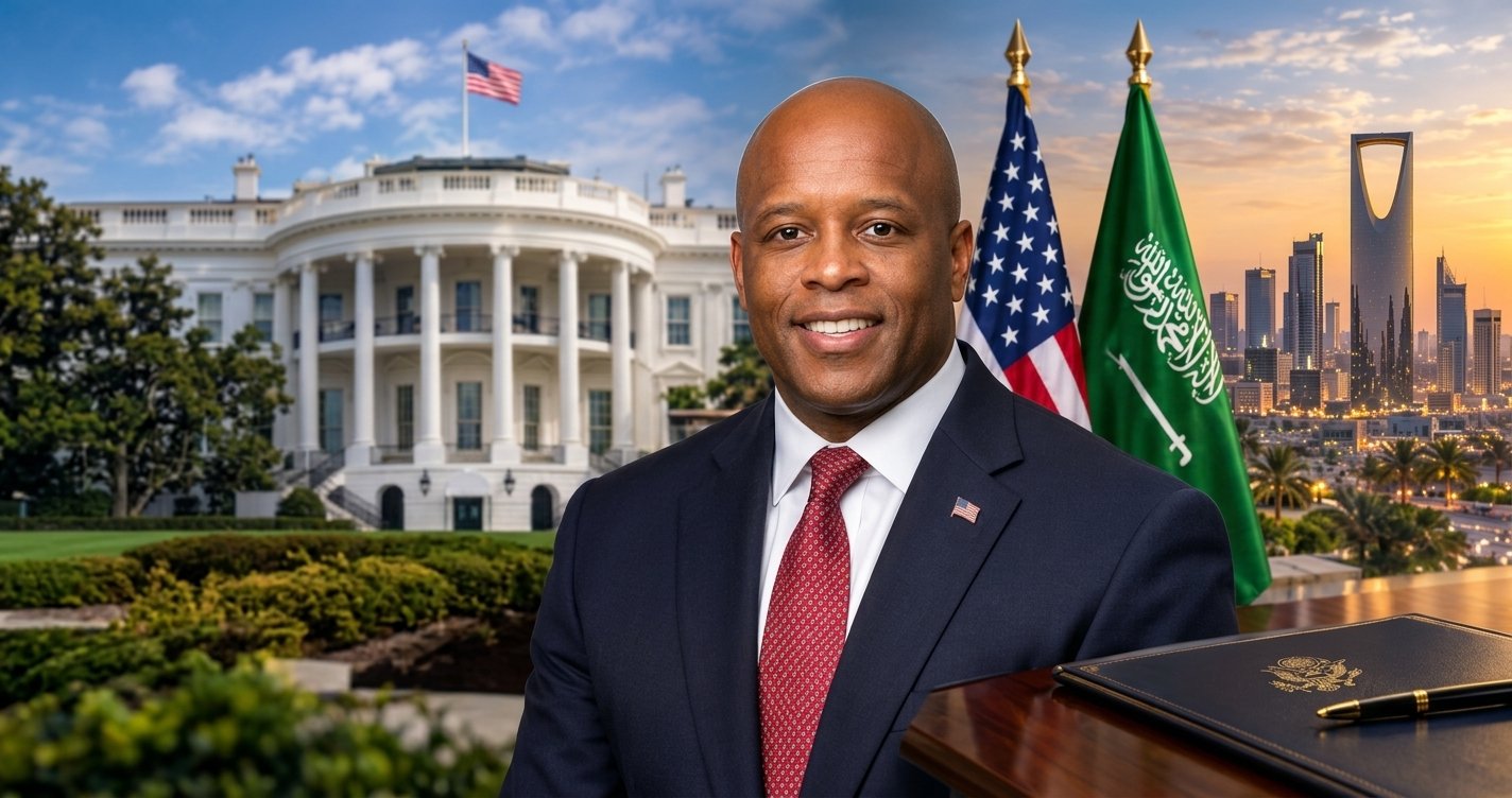 Foto Wesley Hunt calon Duta Besar Amerika Serikat untuk Arab Saudi dengan latar bendera AS dan Saudi.