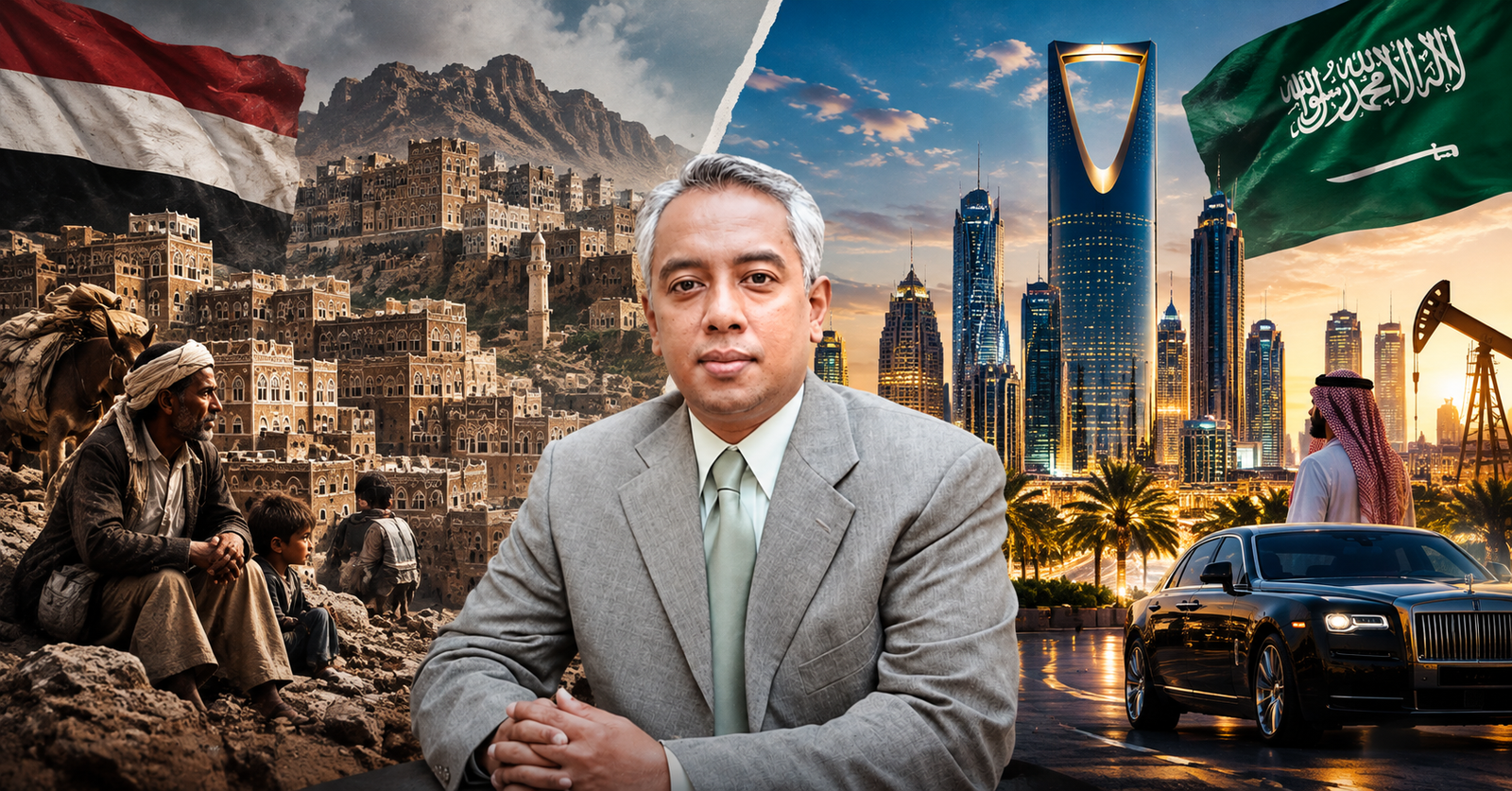 Foto pengamat geopolitik dengan latar belakang ilustrasi kontras peradaban Yaman dan kemewahan Arab Saudi.