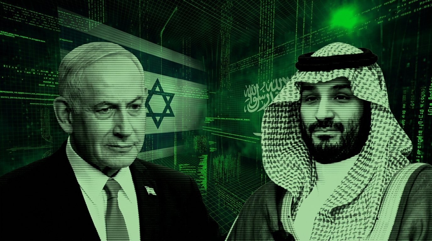 Ilustrasi Benjamin Netanyahu dan Mohammed bin Salman berlatar matriks data intelijen rahasia.