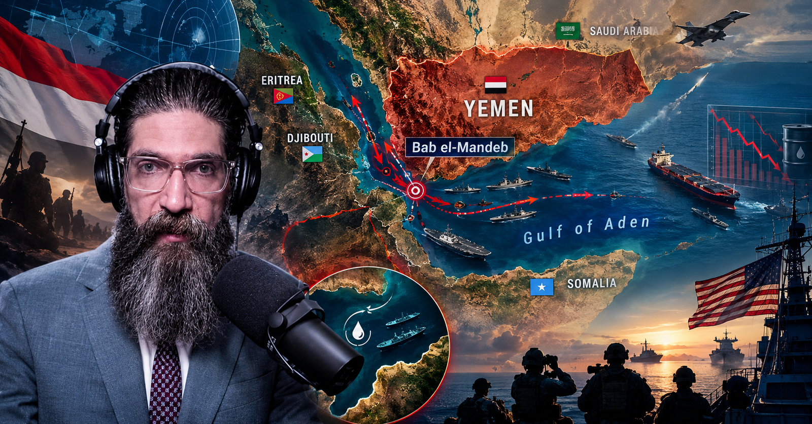 Tangkapan layar analisis video geopolitik mengenai perang Yaman dan posisi strategis Bab el-Mandeb.