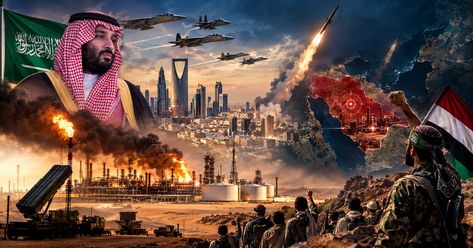 Ilustrasi balasan rudal balistik Ansar Allah terhadap infrastruktur Arab Saudi menyusul agresi militer.