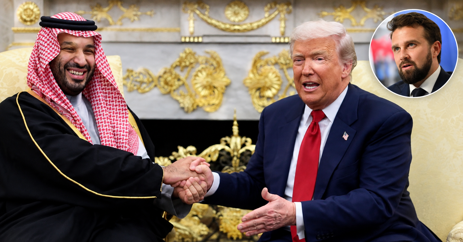 Mohammed bin Salman dan Donald Trump bersalaman dengan inset foto Jackson Hinkle.