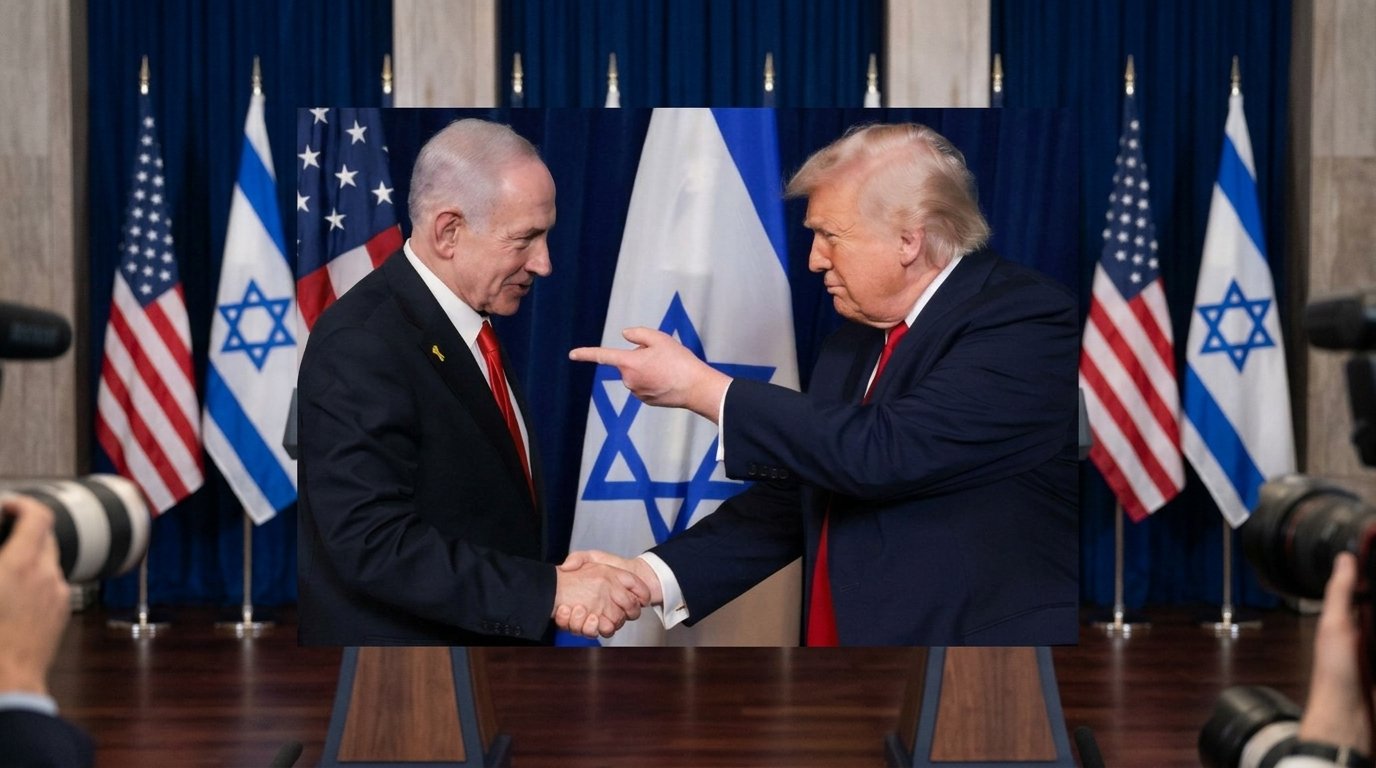 Donald Trump berjabat tangan dengan Benjamin Netanyahu dengan latar belakang bendera Amerika Serikat dan Israel.