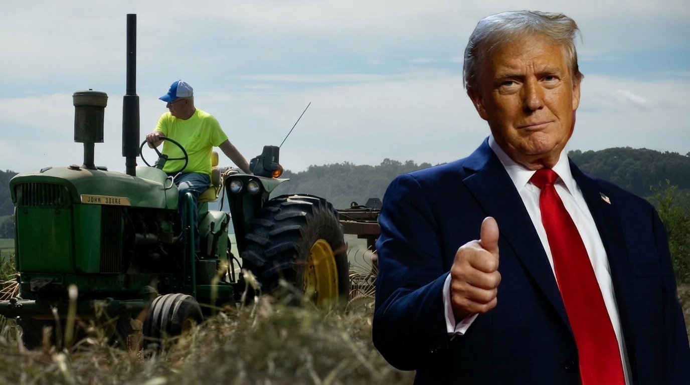 Ilustrasi Donald Trump dan petani di atas traktor di lahan pertanian Amerika.