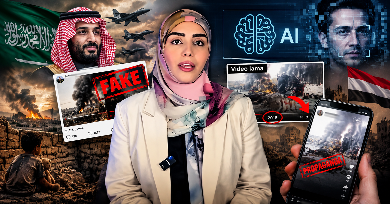 Tangkapan layar analisis video buatan AI yang digunakan untuk propaganda perang Yaman.
