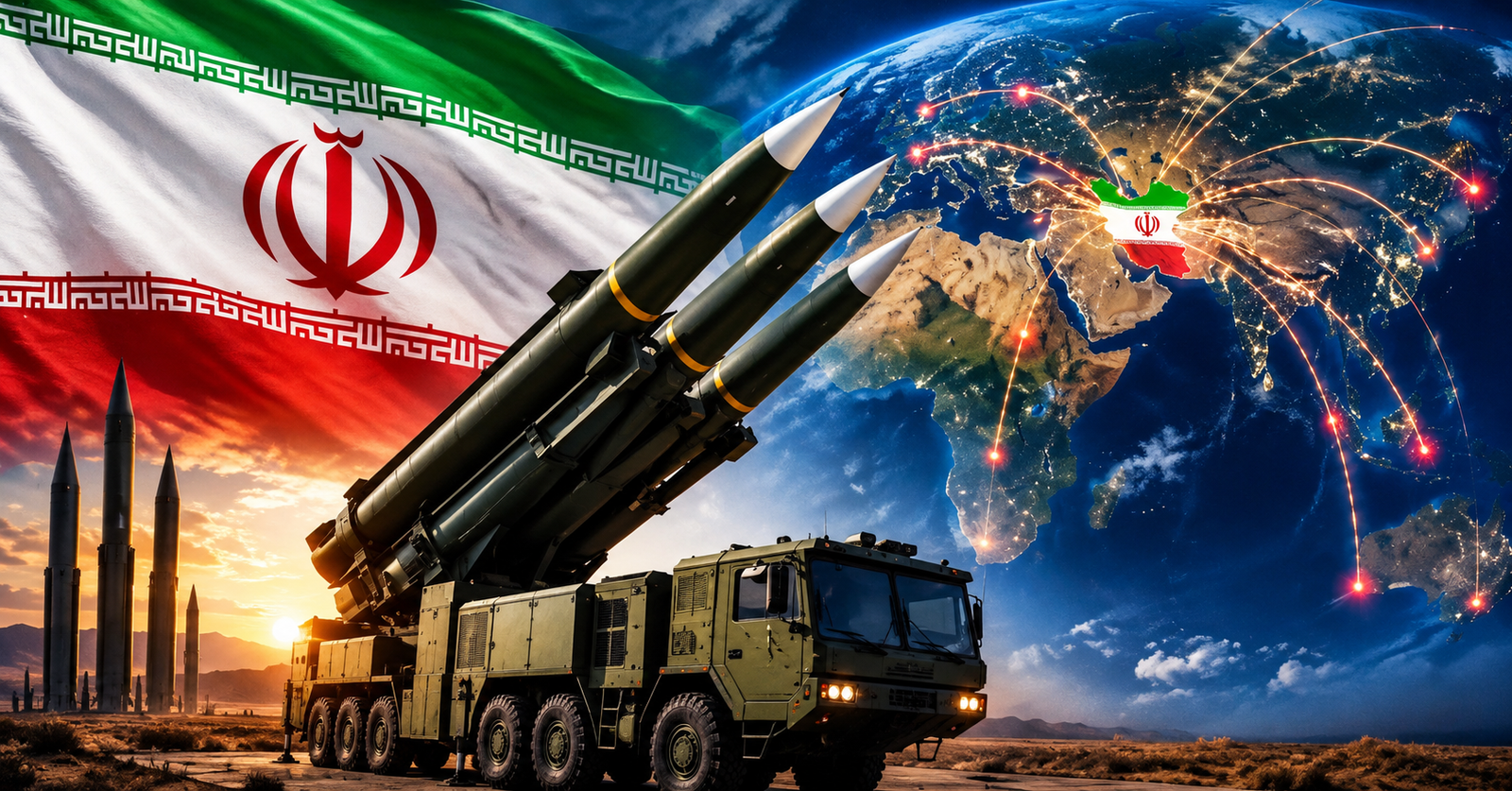 Ilustrasi peluncur rudal balistik Iran dan bendera nasional memperingati Operasi Janji Sejati 2 IRGC.