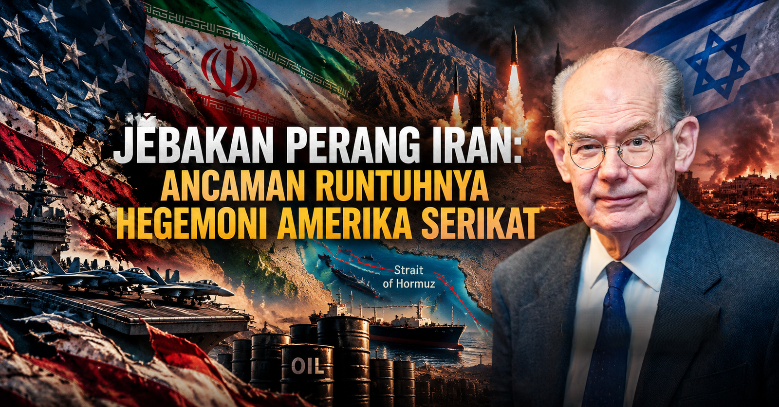 Ilustrasi konseptual risikonya invasi militer Amerika Serikat di Iran dan ancaman runtuhnya hegemoni Washington.