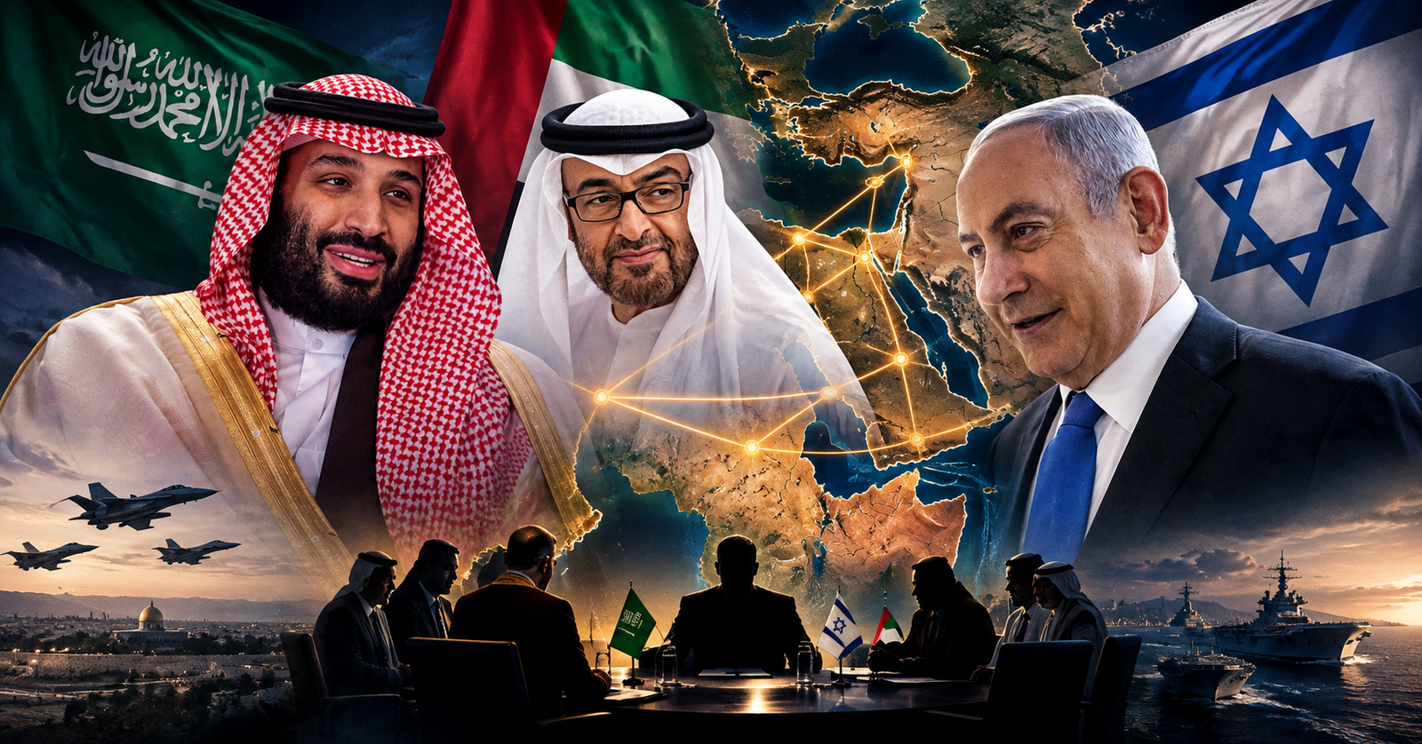 Ilustrasi analisis koalisi dan kerja sama keamanan rahasia antara Israel, Arab Saudi, dan UEA.
