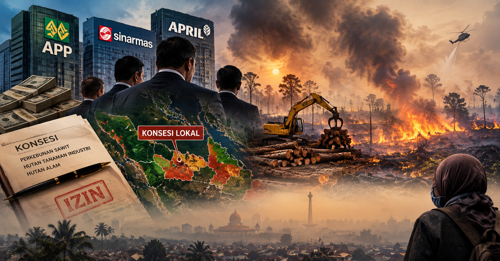 Ilustrasi konseptual korporasi dan konglomerat di balik bencana karhutla dan kabut asap di Indonesia.