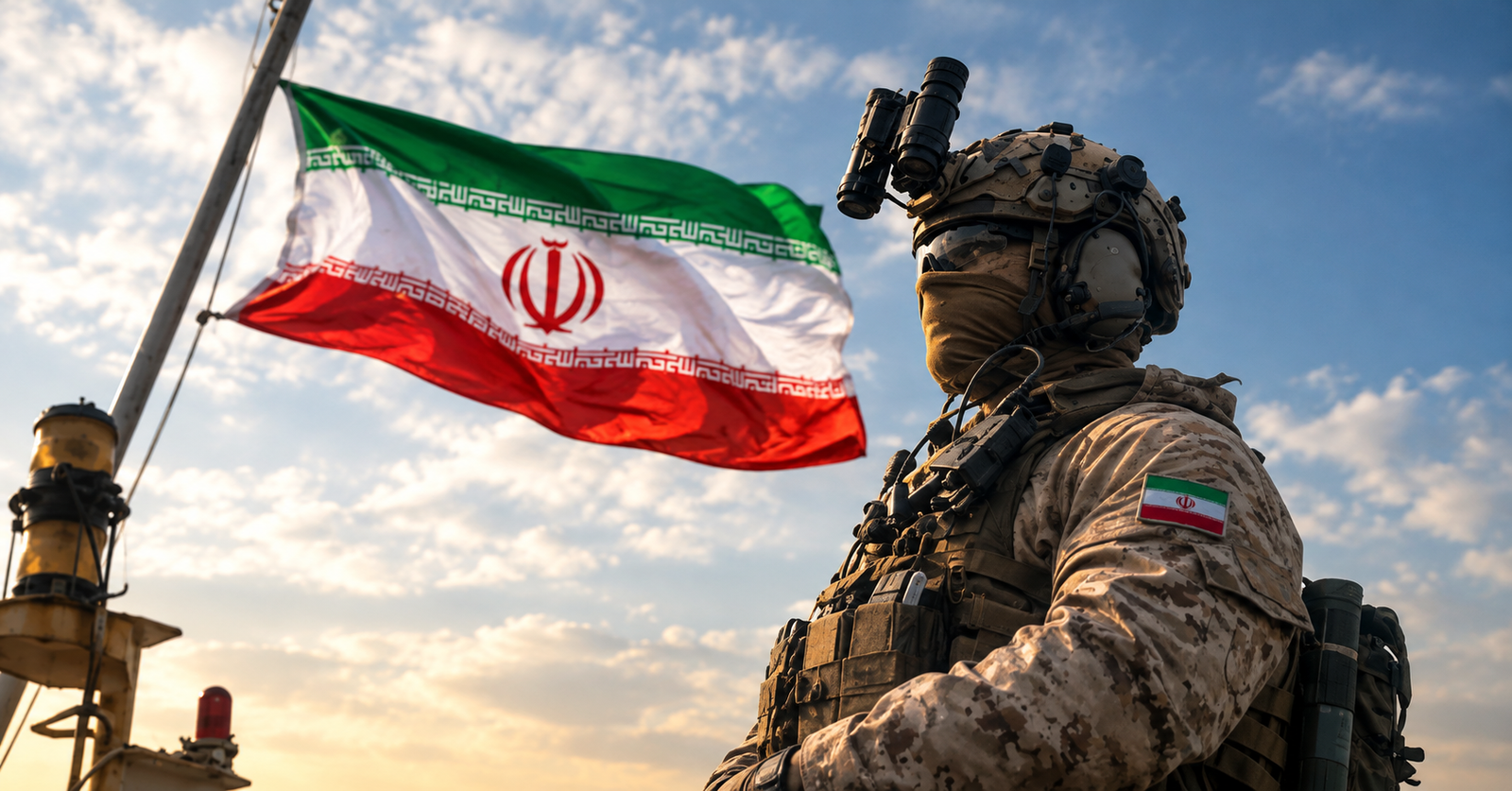 Ilustrasi tentara militer Iran dan bendera nasional dalam kesiagaan pertahanan menghadapi eskalasi.