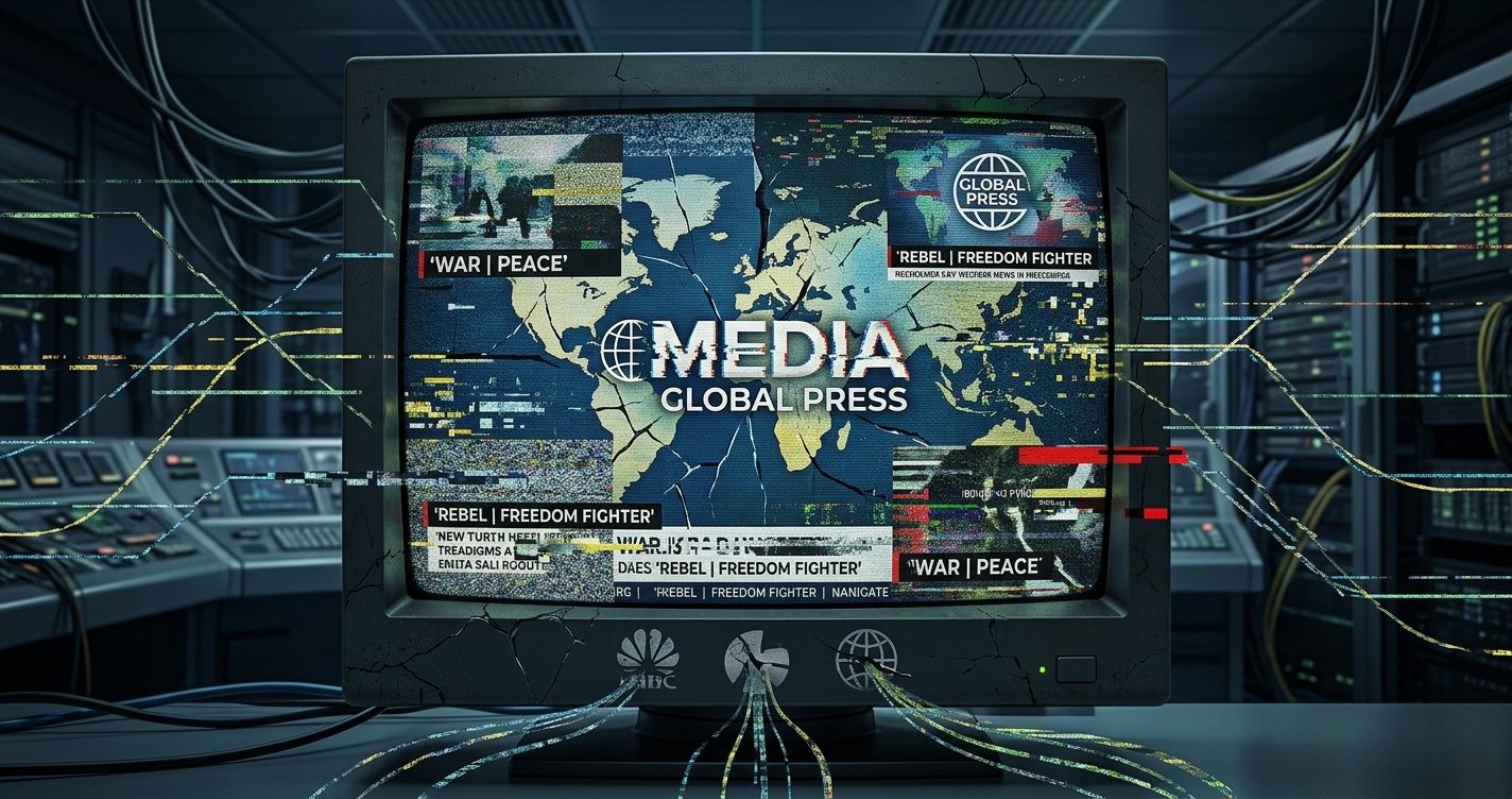 Ilustrasi analisis manipulasi narasi dan propaganda media mainstream Barat dalam geopolitik global.