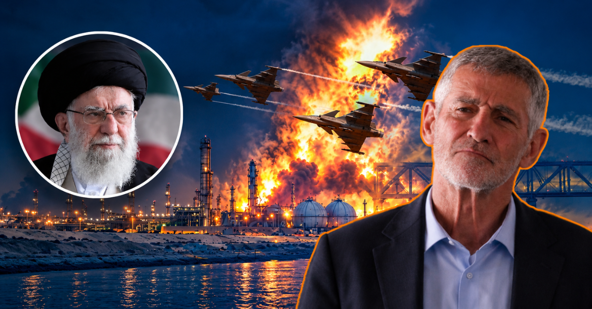 Politisi Israel Yair Golan dengan latar belakang ledakan serangan militer dan jet tempur.